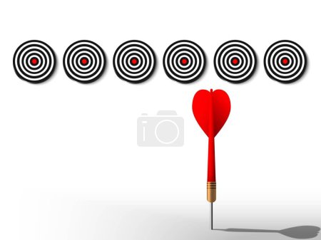 Photo for Red dart choosing many black dartboards. Arrow select bullseye target. Business success way, investment goal, marketing challenge, financial strategy, purpose achievement, focus ideas, making decision concept. 3d vector illustration - Royalty Free Image