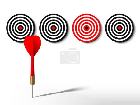 Photo for Red dart choosing red dartboard. Arrow select bullseye target. Business success way, investment goal, marketing challenge, financial strategy, purpose achievement, focus ideas, making decision concept. 3d vector illustration - Royalty Free Image