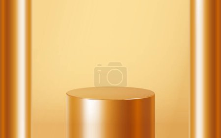 Photo for One Golden long podium product scene with 2 poles. Realistic golden blank product step podium scene template isolated on gold background. Geometric metallic round shape for product branding layout. Gold cylinder mock up scene. 3d vector background - Royalty Free Image