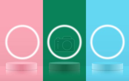 Photo for Set of pastel podium scene with neon light. Pink, green and blue pastel colour product podium. Realistic blank product podium scene template isolated on background. Geometric round shape for product branding layout. Cylinder mock up scene. - Royalty Free Image