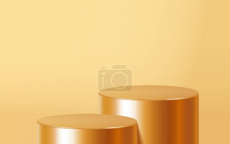 Photo for Two step golden long podium product scene. Realistic golden blank product step podium scene template isolated on gold background. Geometric metallic round shape for product branding layout. Gold cylinder mock up scene. vector illustration background - Royalty Free Image