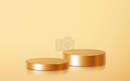 Photo for Two step golden podium product scene on floor. Realistic golden blank product podium scene template isolated on gold background. Geometric metallic round shape for product branding layout. Gold cylinder mock up scene. vector illustration background - Royalty Free Image