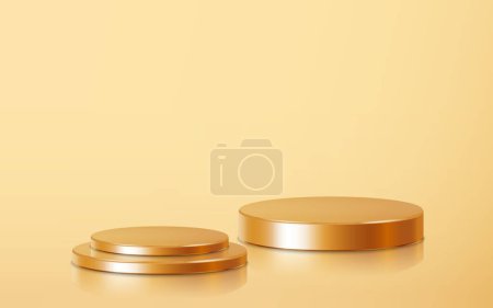 Photo for Two step and stack golden podium product scene on floor. Realistic golden blank product podium template on gold background. Geometric metallic round shape for product branding layout. Gold cylinder mockup scene. vector illustration background - Royalty Free Image
