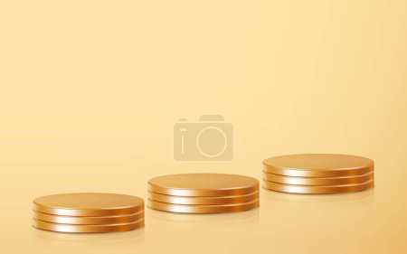 Photo for Three stack golden podium product scene on floor. Realistic golden blank product podium template on gold background. Geometric metallic round shape for product branding layout. Gold cylinder mockup scene. vector illustration background - Royalty Free Image
