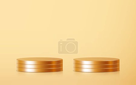 Photo for Two stack golden podium product scene on floor. Realistic golden blank product podium template on gold background. Geometric metallic round shape for product branding layout. Gold cylinder mockup scene. vector illustration background - Royalty Free Image