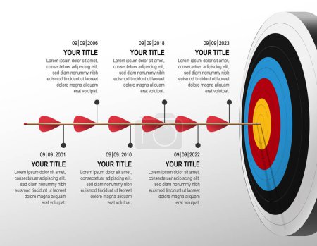 Photo for Arrow hit to dartboard with infographic. target step timeline left to right. Business data chart, investment goal, marketing challenge, strategy presentation, achievement diagram. vector template. - Royalty Free Image