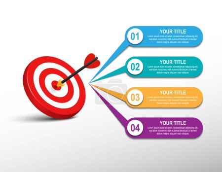 Photo for 3d Arrow and dartboard with infographic. target step number. Business data chart, investment goal, marketing challenge, strategy presentation, achievement diagram. information vector template. - Royalty Free Image