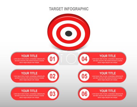 Photo for 3d red target dartboard with 6 label infographic. target step number layout. Business data chart, investment goal, marketing challenge, strategy presentation, achievement diagram. information vector template. - Royalty Free Image