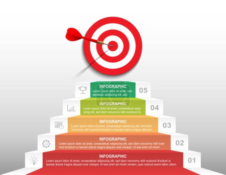 Photo for Five stair step up to target dartboard. Infographic template. Timeline or option with number. Business presentation, target goal report, planing, information option, diagram layout - Royalty Free Image