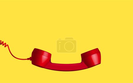 Photo for 3d red vintage phone receiver isolated on yellow background. Retro analog telephone handset. Old communicate technology. object composition bottom background vector illustration - Royalty Free Image