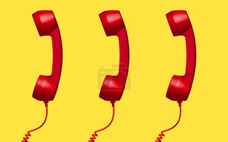 Photo for 3d red vintage phone receiver isolated on yellow background. Three retro analog telephone handset. Old communicate technology. object composition middle background vector illustration - Royalty Free Image
