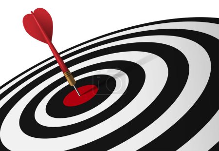 Photo for Red dart hit to center of dartboard. Arrow on bullseye in target. Business success, learning goal, objective challenge, purpose strategy, achievement focus concept. 3d realistic illustration - Royalty Free Image