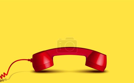 Photo for 3d red vintage telephone handset receiver communication isolated put down on yellow floor background. Retro analog phone. Old communicate technology. object composition bottom vector illustration - Royalty Free Image