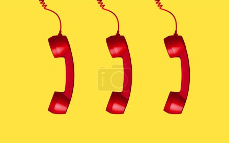 Photo for 3d red vintage phone receiver isolated on yellow background. Three retro analog telephone handset. Old communicate technology. object composition right background vector illustration - Royalty Free Image