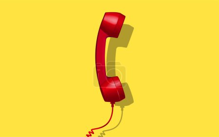 Photo for 3d red vintage telephone handset receiver communication isolated float on yellow background. Retro analog phone. Old communicate technology. object composition bottom vector illustration - Royalty Free Image