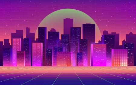 Illustration for Futuristic night city with technological light grid background. Digital futurist cyber downtown space design, cyberpunk technology, Town virtual reality, science fiction matrix, vector illustration - Royalty Free Image