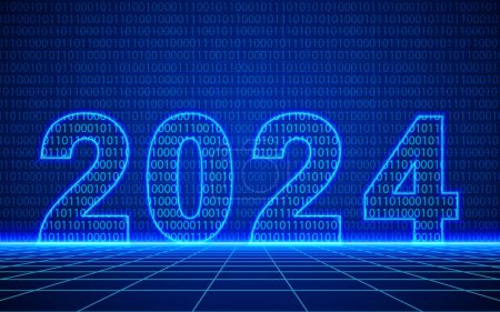 Photo for 2024 number and binary code with neon outline scene on Futuristic technological grid background. Digital cyber space design, cyberpunk technology, Virtual reality, science fiction matrix backdrop - Royalty Free Image