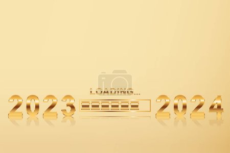 Photo for Golden number 2023 loading to 2024. 3d numbers symbol. 2024 Happy New Year. Holiday vector illustration of golden metallic calligraphic numbers 2024. Festive poster or banner design. Modern lettering sign composition - Royalty Free Image