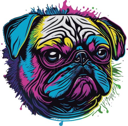 Illustration for Pug dog in vibrant neon brush strokes. Vector illustration for tshirt, hoodie, website, print, application, logo, clip art, poster and print on demand merchandise. - Royalty Free Image