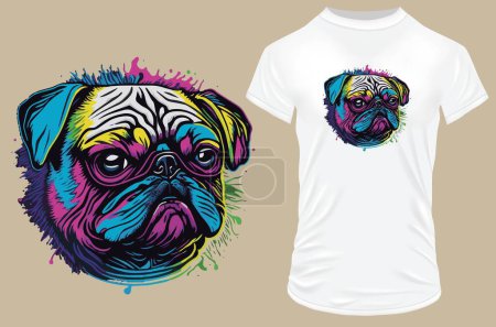 Pug dog face in vibrant neon brush strokes. Vector illustration for tshirt, hoodie, website, print, application, logo, clip art, poster and print on demand merchandise.