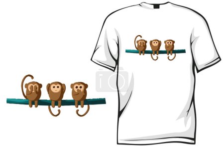 Illustration for Monkey in a row t-shirt design. blind, deaf, mute - Royalty Free Image