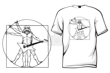 Téléchargez les illustrations : Homme vitruvien tenant un t-shirt de guitare électrique illustration vectorielle de conception - en licence libre de droit