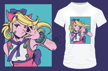 Illustration for Anime girl with cat ears t-shirt design - Royalty Free Image