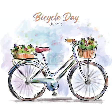 Illustration for Watercolor hand drawn illustration of bicycle and flowers, bicycle day - Royalty Free Image