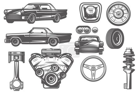 Téléchargez les illustrations : Pièces de voiture et pièces d'auto ensemble. illustration vectorielle - en licence libre de droit