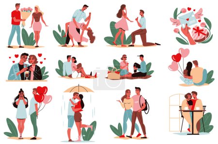 Téléchargez les illustrations : Histoire d'amour, couples aimants. illustration vectorielle. - en licence libre de droit