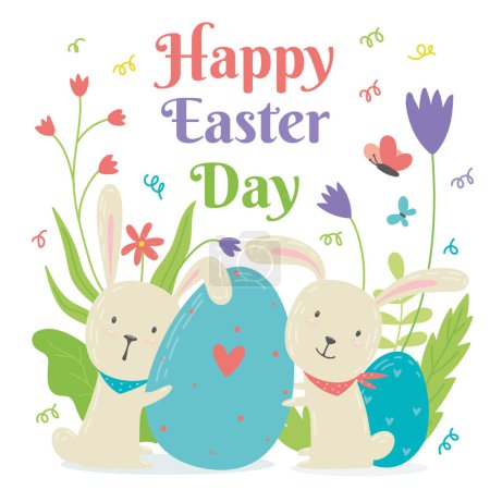 Ilustración de Feliz Pascua. conejitos de Pascua con huevos. - Imagen libre de derechos