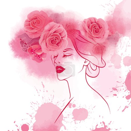 Illustration for Woman face with pink flowers - Royalty Free Image