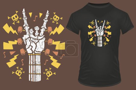 Téléchargez les illustrations : Musique t - shirt affiche vecteur illustration une main squelette avec un signe rock 'n roll - en licence libre de droit