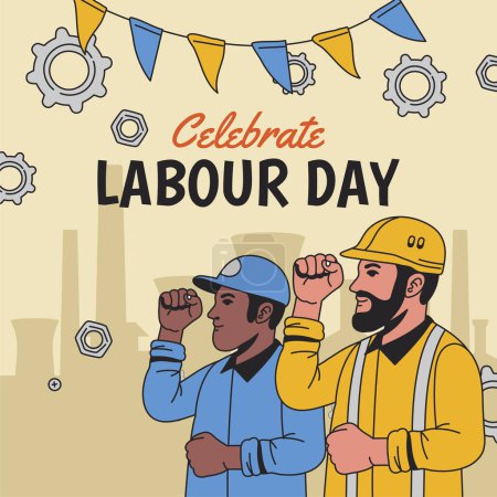 Téléchargez les illustrations : Bonne journée de travail carte avec les travailleurs - en licence libre de droit