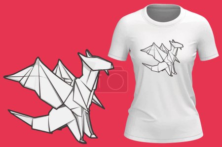 Téléchargez les illustrations : Croquis vectoriel de dragon t-shirt, origami dragon - en licence libre de droit