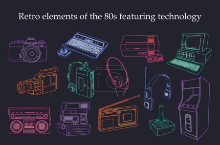 Illustration for Retro elements of the 80s featuring technology. - Royalty Free Image