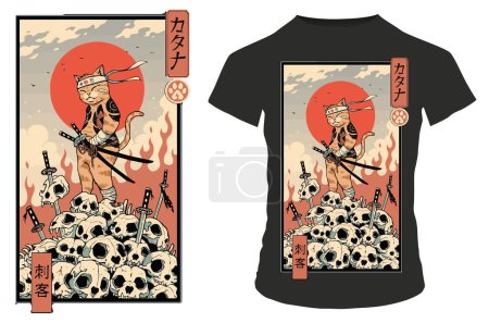 Téléchargez les illustrations : Chat samouraï sur crânes t-shirt design - en licence libre de droit