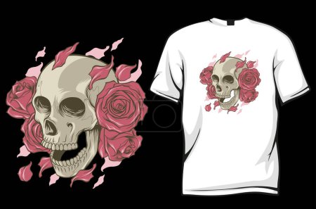 Téléchargez les illustrations : Illustration avec crâne en roses, design de chemise - en licence libre de droit