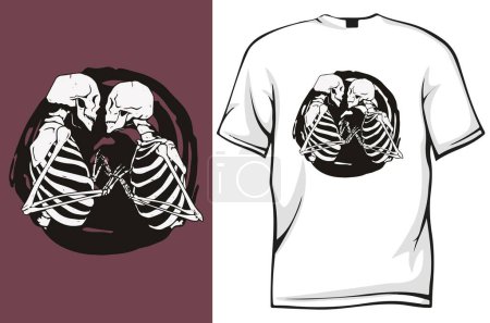 Téléchargez les illustrations : Deux squelettes baisers t-shirt, illustration vectorielle - en licence libre de droit