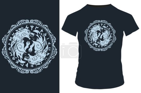 Illustration for Two wolves in Viking runes style t-shirt design - Royalty Free Image