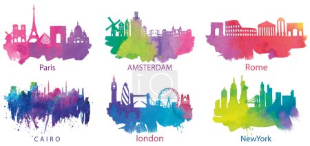 Illustration for Set of watercolor city skylines. vector illustration. - Royalty Free Image