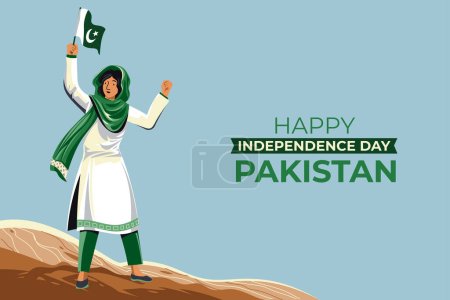 Ilustración de 14th August. Jashn-e-azadi. Happy independence day Pakistan. Female with traditional dress and waving flag. Vector illustration. - Imagen libre de derechos