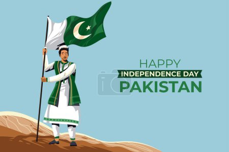 Ilustración de 14th August. Jashn-e-azadi. Happy independence day Pakistan. Man with traditional dress and waving flag. Vector illustration. - Imagen libre de derechos
