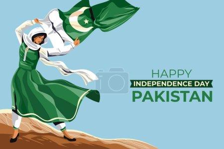 Ilustración de 14th August. Jashn-e-azadi. Happy independence day Pakistan. Female with traditional dress and waving flag. Vector illustration. - Imagen libre de derechos