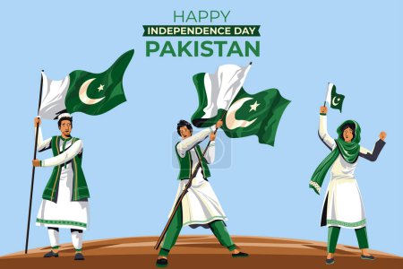 Ilustración de 14th August. Jashn-e-azadi. Happy independence day Pakistan. patriotic Male and Female with traditional dress and waving flags. Vector illustration. - Imagen libre de derechos