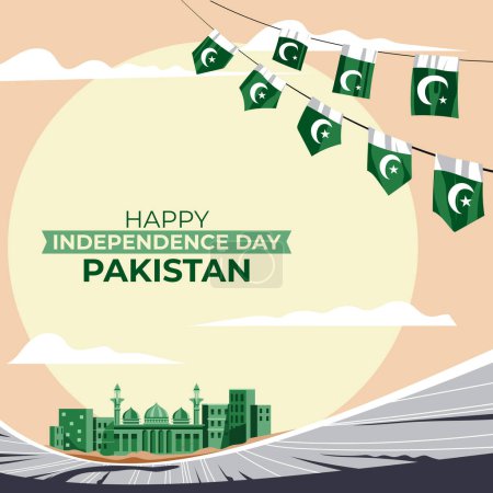 Ilustración de 14th August. Jashn-e-azadi. Happy independence day Pakistan. Waving flags and Islamic cityscape in desert. Vector illustration. - Imagen libre de derechos