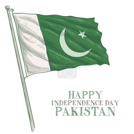 Ilustración de 14th August. Jashn-e-azadi. Happy independence day Pakistan. Sketched waving flag. Vector illustration. - Imagen libre de derechos