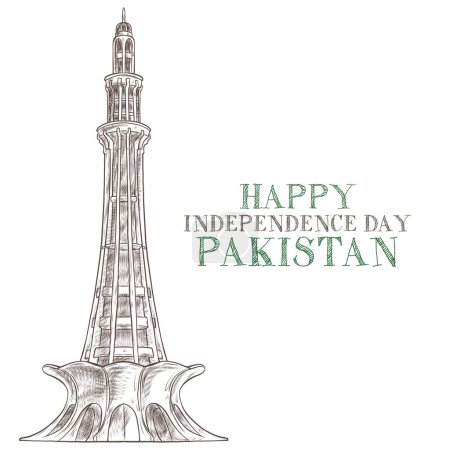 Ilustración de 14th August. 23rd March. Jashn-e-azadi. Happy independence day Pakistan. Sketched Minar e Pakistan. Vector illustration. - Imagen libre de derechos