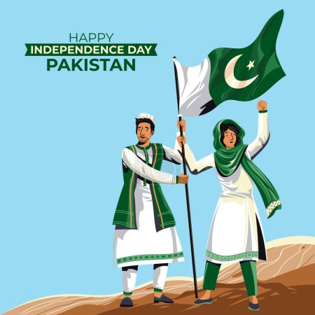 Ilustración de 14th August. Jashn-e-azadi. Happy independence day Pakistan. Pakistani happy male and female celebrating freedom with waving flag. Vector illustration. - Imagen libre de derechos
