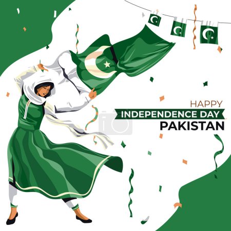 Téléchargez les illustrations : 14th August. Jashn-e-azadi. Happy independence day Pakistan. Female with traditional dress and waving flag. Vector illustration. - en licence libre de droit
